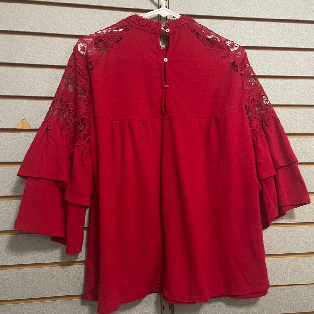 Hannah Red Crochet Lace Yoke Tiered Ruffle Sleeve Blouse Top Womens Large - Picture 3 of 6